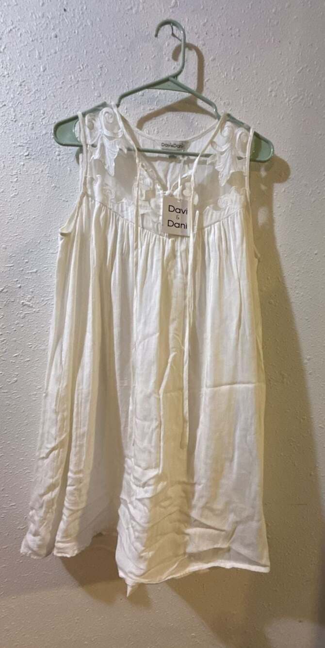 Davi & Dani White Rayon Slip Dress with Embroidery, Size S